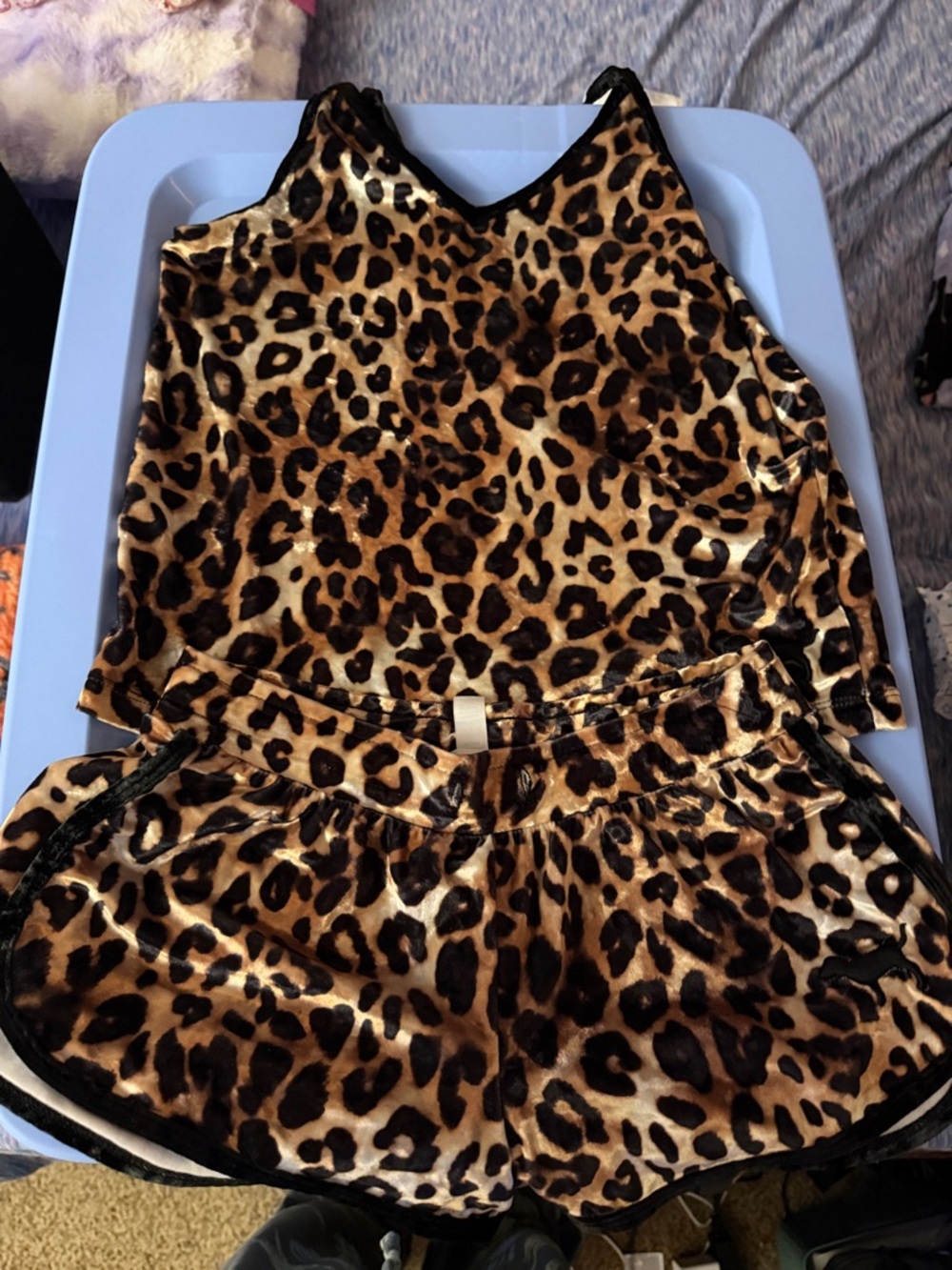 Leopard Print Velvet Girls' Short Set - Brown/Black